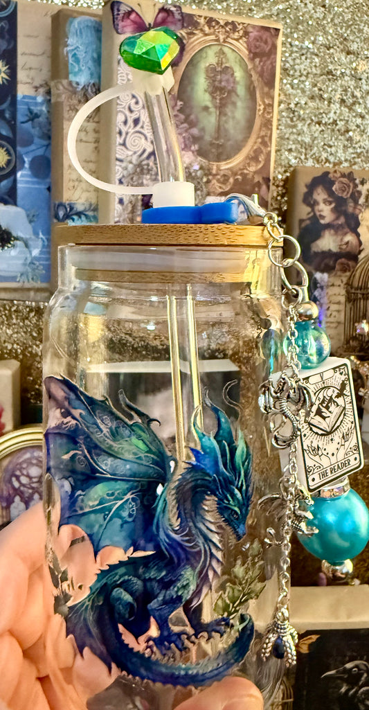 16oz glass cup with cup charm and straw topper